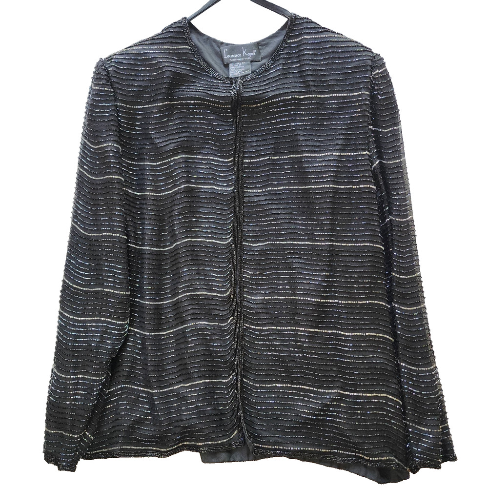 Laurence Kazar Silk Beaded Jacket Blazer - Black w/Black and Gold Beads - Large